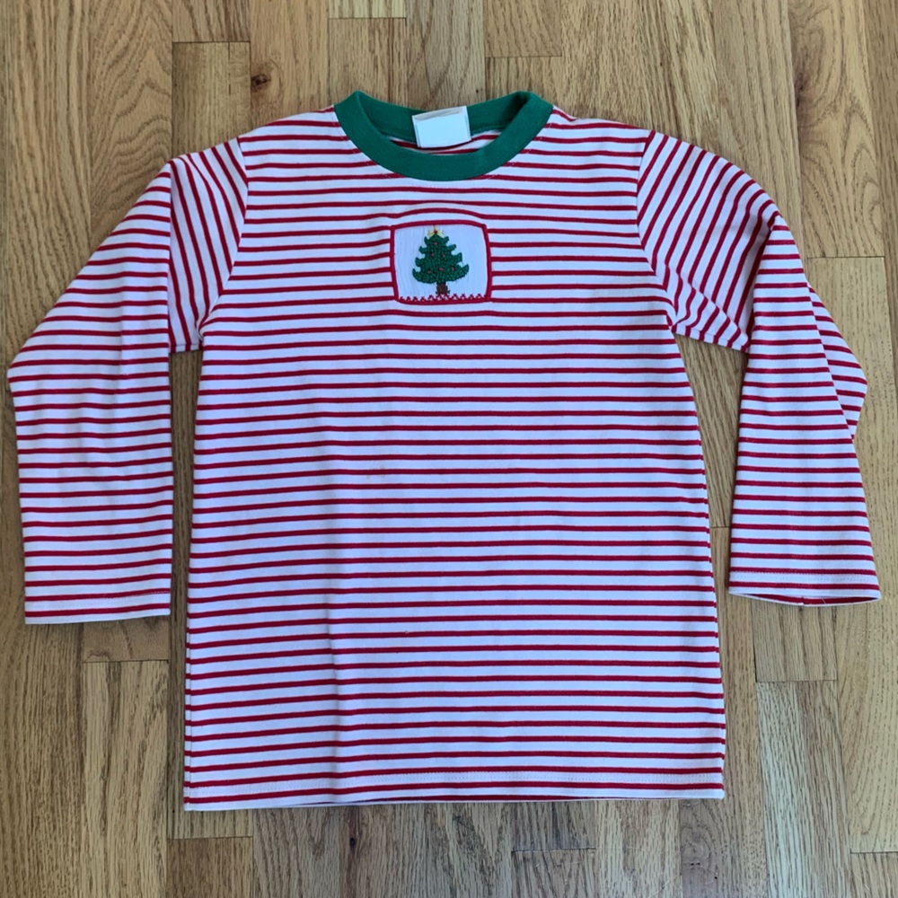 Christmas Smocked Red and White Striped Shirt with Green Trim